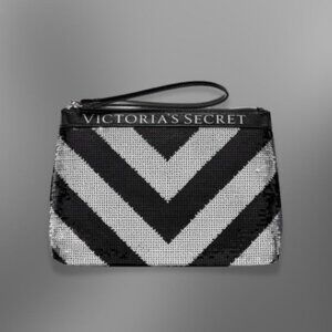 Victoria's Secret Make-up Clutch Chevron Sequin Faux Leather Black Silver OS EUC